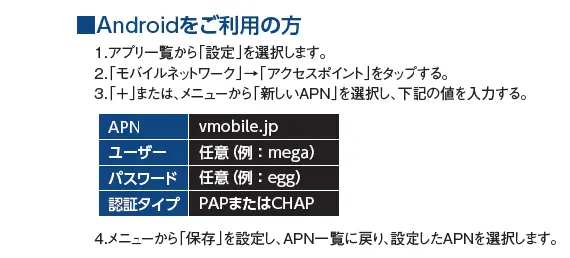 ご利用の通信機器に、APN設定を行ってください。