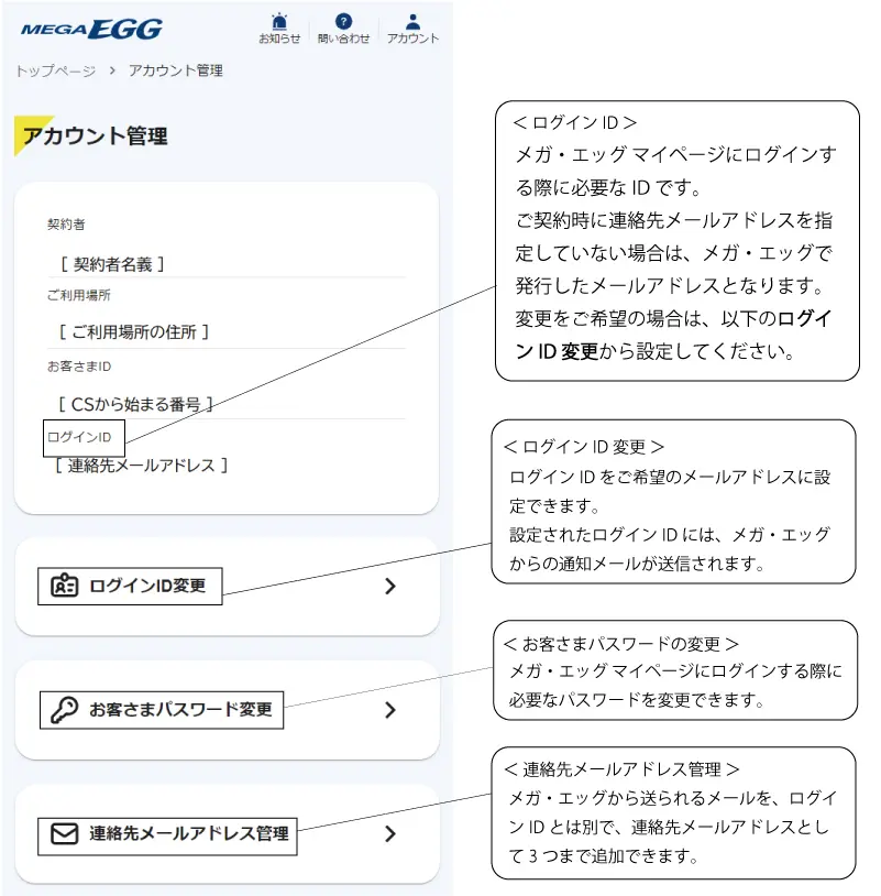 ログインID変更、お客さまパスワード変更、連絡先メールアドレス管理の順に操作方法を案内します。