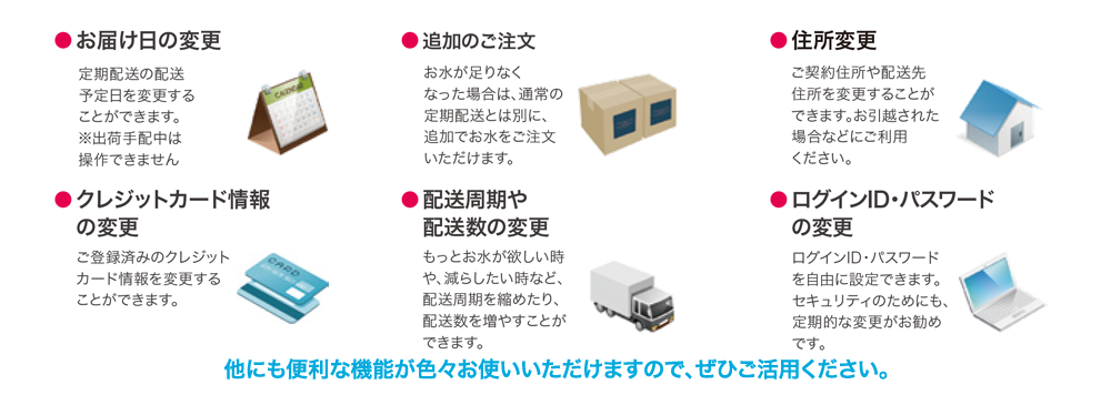 ●お届け日の変更　●追加のご注文　●住所変更　●お届け周期や配送数の変更　●ログインID・パスワードの変更